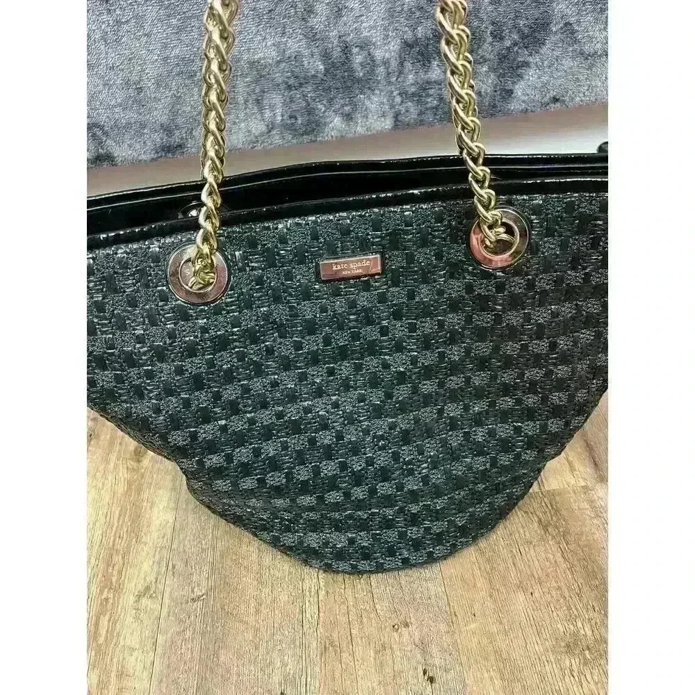 Kate Spade Woven Shoulder Bag Gold Tone Chain Satchel Black 10X16 Large